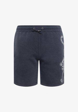 Marineblaue Shorts mit elastischem Bund und Kordelzug, mit einem weißen Tigerumriss auf der rechten Seite.