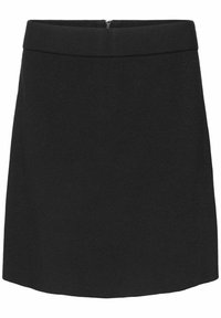 Jupe noire en tissu texturé, dotée d'une taille haute et d'une fermeture éclair dissimulée à l'arrière, avec une coupe droite et un ourlet à mi-genou.