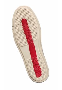 Soletta della scarpa con motivo testurizzato in beige e una sezione centrale rossa con un disegno in rilievo. Logo "WOZ" impresso in rosso.
