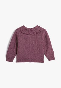 Bordeauxfarbener Strickpullover mit einem kragen aus Spitzenmuster und langen Ärmeln, der gerippte Bündchen und einen gerippten Saum aufweist und für eine lockere Passform konzipiert ist.