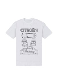 Weißes T-Shirt mit schwarzen Lin Zeichnungen eines Citroën Autos aus mehreren Blickwinkeln, mit technischen Maßen und dem Wort "CITROËN" darüber.