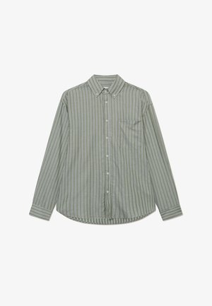 Long-sleeve button-up shirt in olive green featuring vertical white stripes, a standard collar, and a chest pocket on the left side.