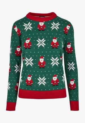 Zelený pletený sveter so vzormi Santa Clausa a snehových vločiek; červený pružný golier a manžety; mäkká textúra; dlhé rukávy.