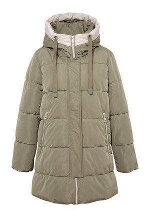 Padded parka in olive green with a lightweight design, featuring a high collar, drawstring hood, and zippered side pockets.