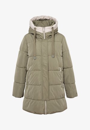 Padded parka in olive green with a lightweight design, featuring a high collar, drawstring hood, and zippered side pockets.