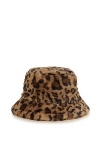 Kapa u obliku kante s uzorkom leoparda napravljen od mekanog, teksturiranog umjetnog krzna. Ima širok rub koji se naginje prema dolje i zaobljeni vrh. Smeđe i crne nijanse.