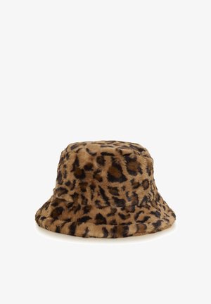 Leopardenmuster-Bucket-Hut aus weichem, strukturiertem Kunstfell. Verfügt über einen breiten, nach unten geneigten Rand und eine runde Krone. Braune und schwarze Farbtöne.