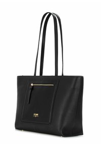 Czarna skórzana torba typu tote z dwoma długimi uchwytami, z przednią kieszenią na zamek i fakturowanym wykończeniem; akcenty w kolorze złotym.