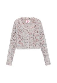 Maglione corto grigio chiaro con scollo a V, caratterizzato da scaglie multicolori, polsini a coste e una finitura texturizzata.