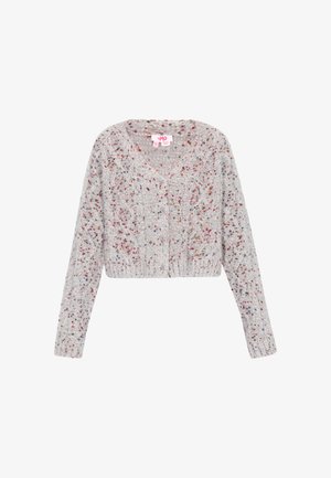 Svijetlosivi skraćeni pulover s V-izrezom, s mnoštvom višebojnih flekica, rebrastim manžetama i teksturiranim završetkom.