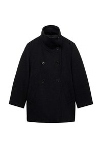Navy wool peacoat with double-breasted button closure, high collar, side pockets, and straight cut. Smooth texture, classic design.