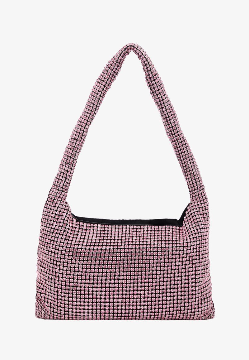 Pink and black purse made of textured fabric with a grid pattern of small squares. It features a wide, curved shoulder strap.