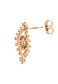 Naušnice od zlatnog metala u obliku oka, s teksturiranim središtem s malim rupicama, okružene dekorativnim lopticama i sigurnim zatvaranjem.