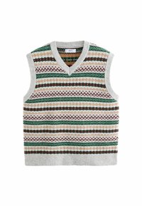 Knit sleeveless vest with a V-neck, featuring multicolored geometric patterns in green, brown, and cream against a gray background.
