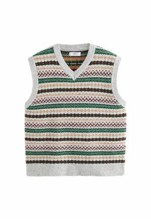 Knit sleeveless vest with a V-neck, featuring multicolored geometric patterns in green, brown, and cream against a gray background.