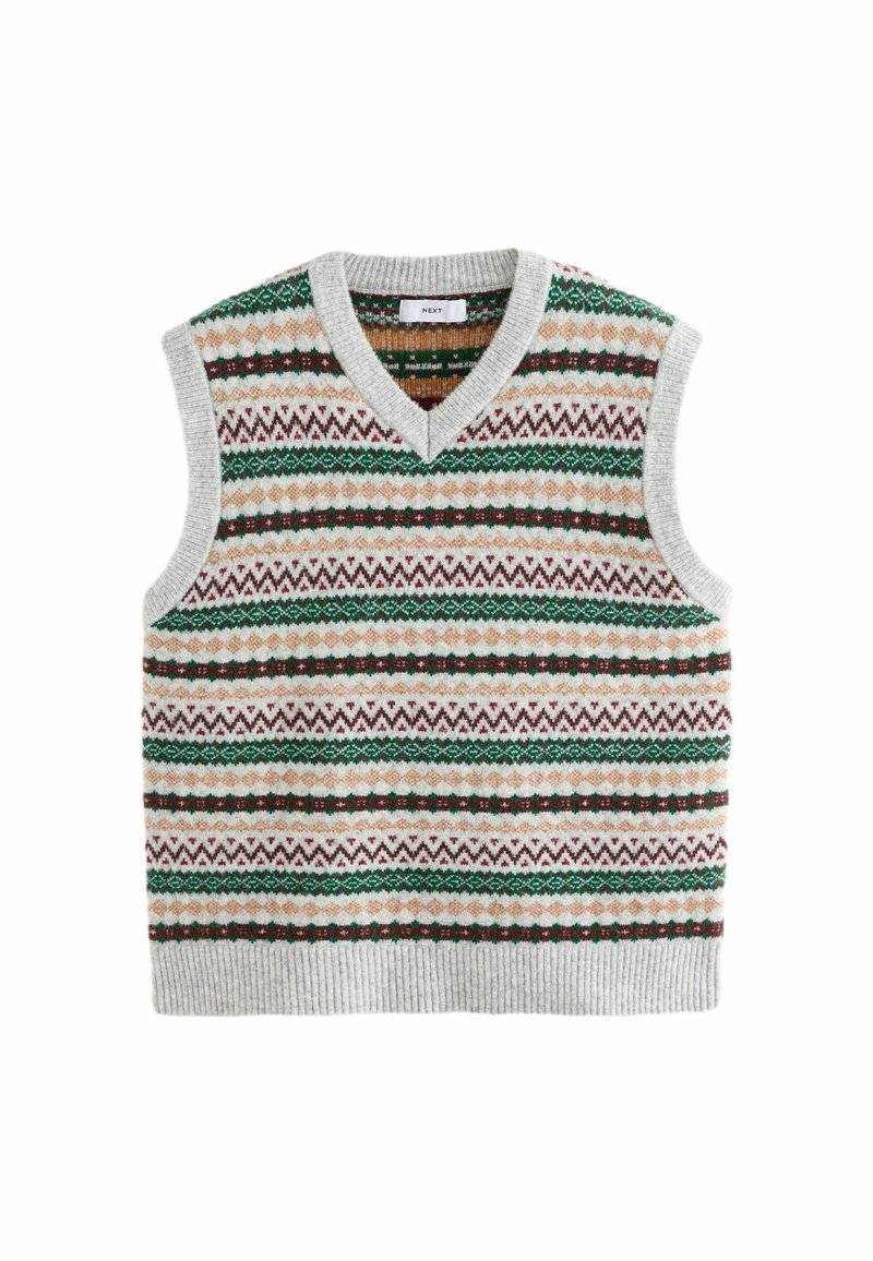 Knit sleeveless vest with a V-neck, featuring multicolored geometric patterns in green, brown, and cream against a gray background.