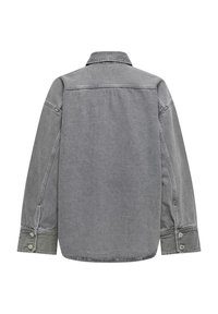 Camicia in denim grigio, con colletto classico, polsini con bottoni e colore uniforme. La vista posteriore mette in risalto la texture liscia e i dettagli delle cuciture.