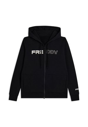Sudadera con cremallera negra hecha de un tejido suave. Presenta una capucha con cordón y bolsillos frontales. Logo "FREDDY" en blanco en el pecho y la manga.