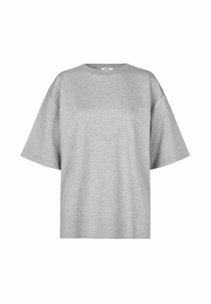 T-shirt gris à manches courtes avec une coupe décontractée, un col rond et en tissu coton doux avec une texture lisse et un design minimal.