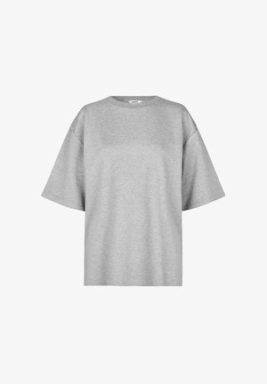 Grå kortærmet t-shirt med afslappet pasform, rund hals og blødt bomuldsstof med en glat tekstur og minimalt design.