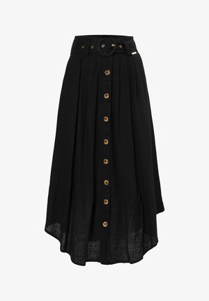 Zwarte midirok van lichtgewicht stof, met een uitlopende pasvorm, een knoopsluiting aan de voorkant met goudkleurige knopen, en een bijpassende riem met een ronde gesp.