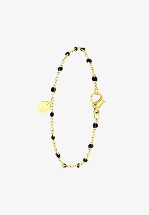 Bracelet chaîne en or avec de petites perles noires espacées uniformément et une médaille ronde en or près du fermoir à pince homard sur fond blanc.