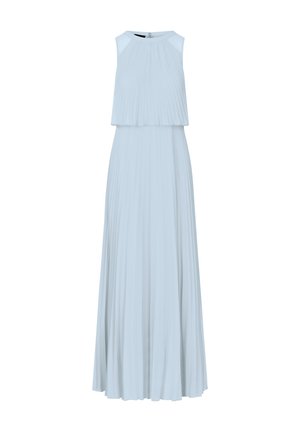Hellblaues, plissiertes Maxikleid mit ärmellosem Oberteil und fließendem Rock, das einen runden Ausschnitt und einen versteckten Reißverschluss am Rücken hat.
