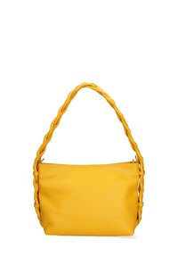 Borsa a spalla gialla in pelle con manico intrecciato, zip superiore e texture liscia, di forma arrotondata e senza motivi visibili.