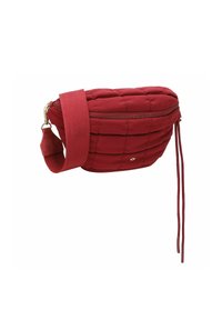 Rote gequiltete Stofftasche mit einem Reißverschluss und einem breiten Trageriemen. Besitzt eine geraffte Textur und Quastenakzente und misst ungefähr 30 Zentimeter in der Breite.