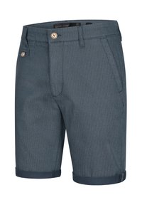 Pantalones cortos azul oscuro hechos de un tejido texturizado, con cierre de botón, bolsillos laterales y dobladillos enrollados. Diseño limpio y bien ajustado.