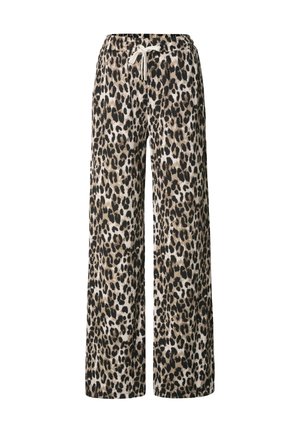 Pantalon à jambes larges avec taille élastique et cordon blanc, présentant un motif léopard noir et marron sur un tissu beige.