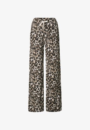 Wide-leg pants with elastic waistband and white drawstring, featuring a black and brown leopard print pattern on beige fabric.