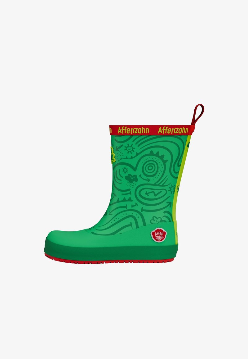 Grüner Gummistiefel mit strukturierter Oberfläche und verspielten Mustern. Roter oberer Rand mit "Affenzahn"-Logo und kontrastierender roter Sohle.