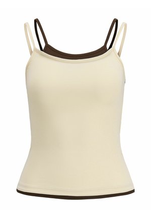 Deux camisoles superposées avec des bretelles fines, la devant beige et celle de derrière marron foncé.
