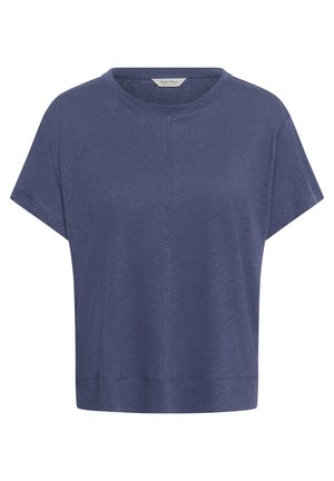 Festes marineblaues T-Shirt mit kurzen Ärmeln, Rundhalsausschnitt und sichtbarer Naht in der Mitte vorne sowie am Saum.