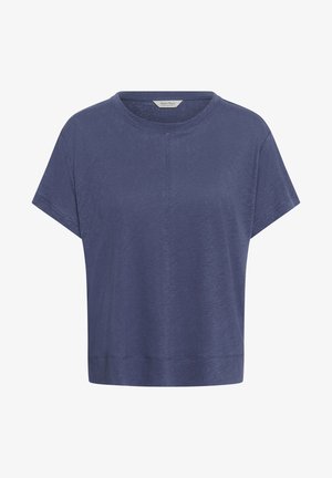 Festes marineblaues T-Shirt mit kurzen Ärmeln, Rundhalsausschnitt und sichtbarer Naht in der Mitte vorne sowie am Saum.