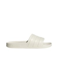 White Adidas slide sandal featuring a textured rubber upper with three horizontal stripes. Flat sole design with a molded footbed for comfort.