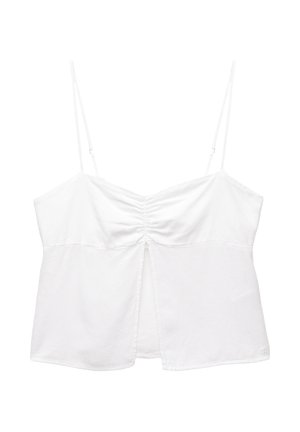 Vit topp med justerbara spagettiremmar, veckad frontdetalj och delad fåll, tillverkad av mjukt, lättviktsmaterial.