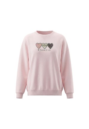 Lyserød langærmet sweatshirt med tre flerfarvede hjertegrafikker og sætningen "Ponder for Life" på brystet.