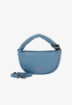 Blue synthetic handbag with a curved body, comfortable handle, a zippered main compartment, and a removable shoulder strap. Features a logo accent.