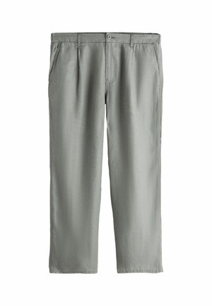 Hellgraue Hose mit geradem Schnitt, Gürtelschlaufen, Knopf vorne, Reißverschluss und Seitentaschen, flach auf weißem Hintergrund dargestellt.