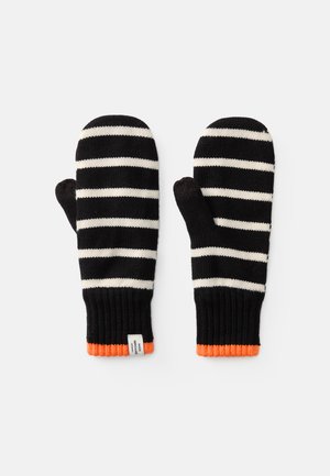 Black and white striped mittens with an orange ribbed cuff. Made of knit material, featuring a traditional mitten design.