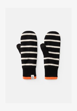 Moufles rayées noir et blanc avec un poignet côtelé orange. Fabriquées en matériau tricoté, elles présentent un design traditionnel de moufle.