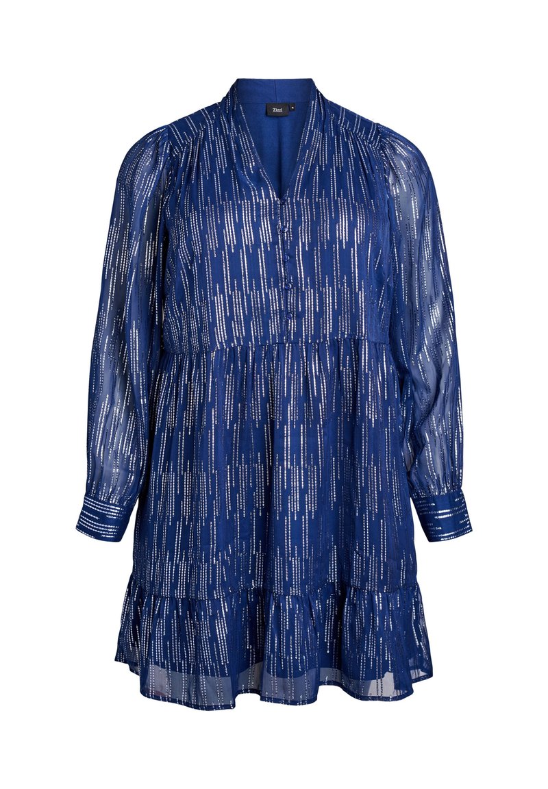 Abito blu navy realizzato in tessuto trasparente, con linee verticali argento, scollatura a V, maniche lunghe e orlo a strati con volant.