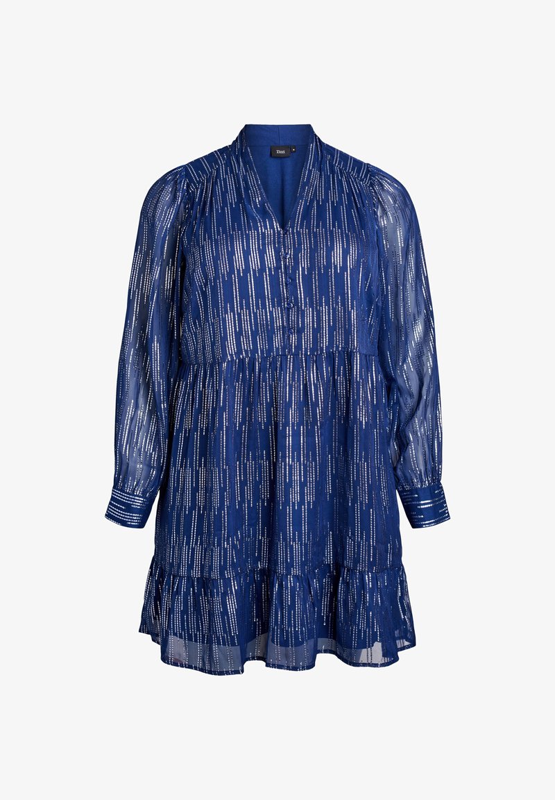 Robe bleu marine en tissu transparent, ornée de lignes verticales argentées, avec un décolleté en V, des manches longues et un ourlet en bas à volants superposés.