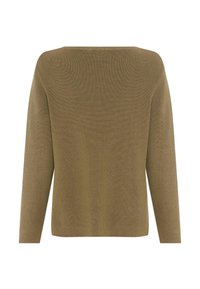 Olivgrüner, gestrickter Pullover mit geripptem Muster, weitem Ausschnitt und langen Ärmeln. Verfügt über einen geraden Schnitt und minimalistische Details.