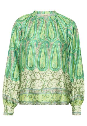 Zelena bluzica dugih rukava s uzorkom paisley, nabranim izrezom i kopčanjem na gumb. Glatka tkanina s cvjetnim detaljima na rubu.