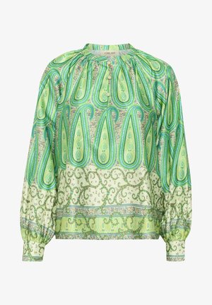 Zöld, hosszú ujjú blúz, amely paisley mintával, ráncolt nyakkivágással és gombos záródással rendelkezik. Simaságával és virágmintás díszítésével a szegélynél tűnik ki.