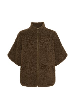 Brun, lynlås, kortærmet fleecejakke med høj krave og en blød, tekstureret overflade. Udstyret med en guld lynlåsdetalje foran.