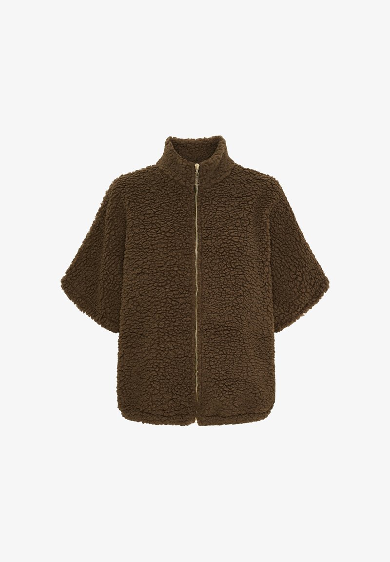 Brun, lynlås, kortærmet fleecejakke med høj krave og en blød, tekstureret overflade. Udstyret med en guld lynlåsdetalje foran.